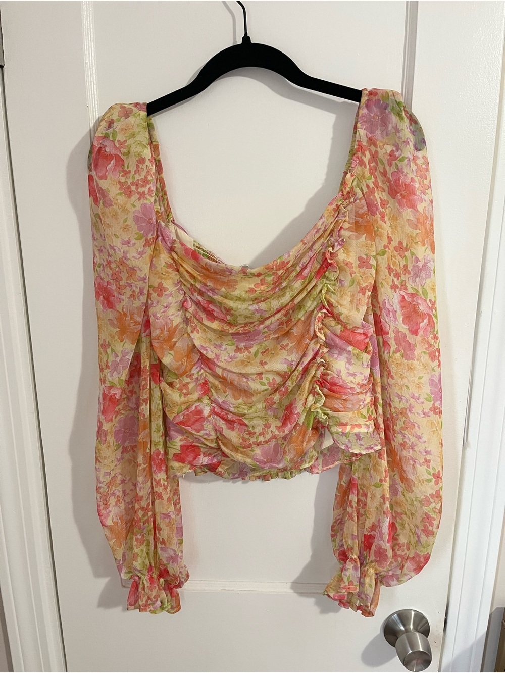Astr Floral Ruched Puff Sleeve Blouse